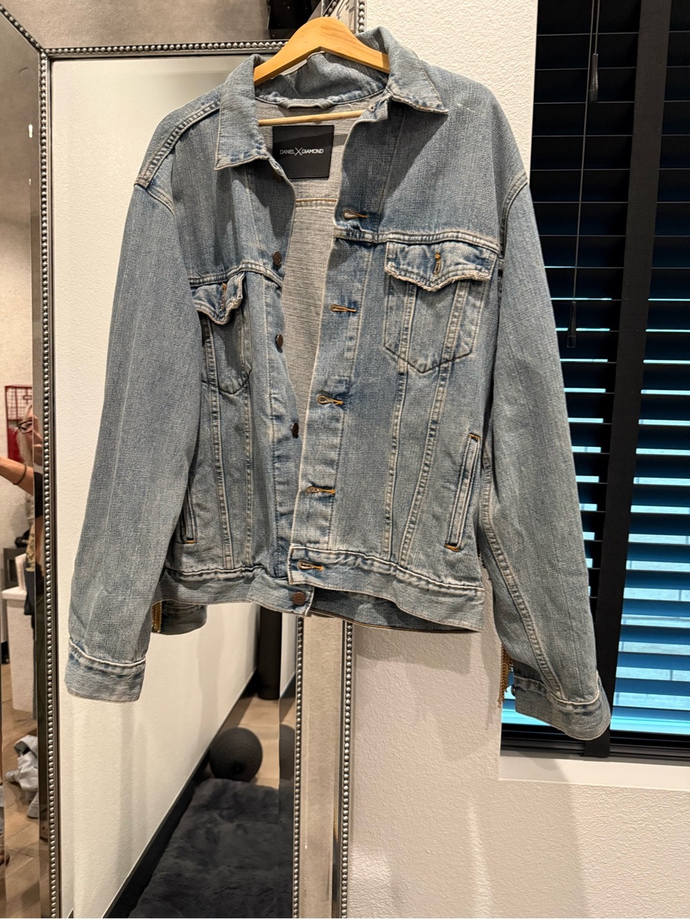 DanielxDiamond Medium Blue Denim Levi’s Jacket with Gold Rhinestone Fringe